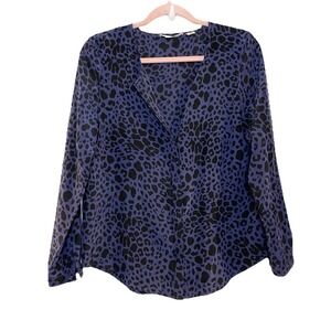 MAX STUDIO 100% Silk Blue Black Leopard Animal Print Button Down Shirt Size XS